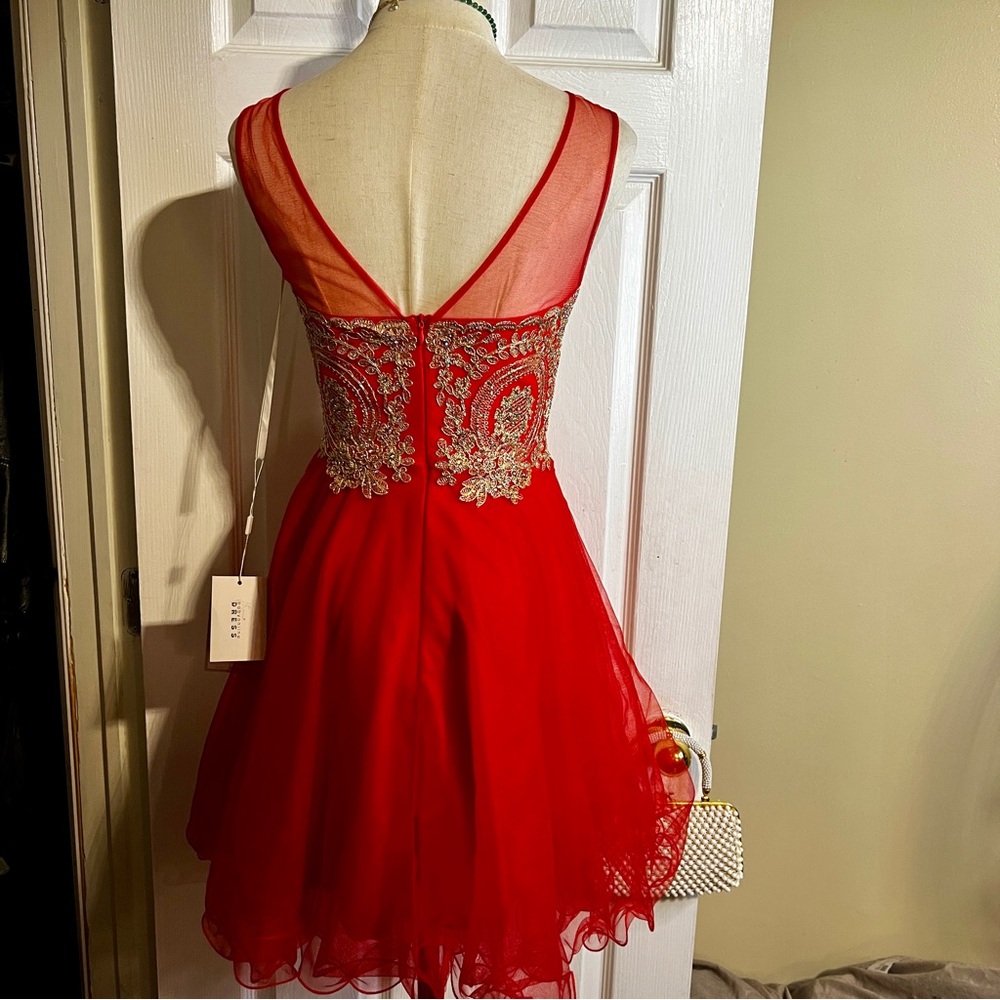 New Babyonline Wms Red Gold Floral Appliqué Embroidery Fit&Flare‎ Party Dress XS - Picture 7 of 13